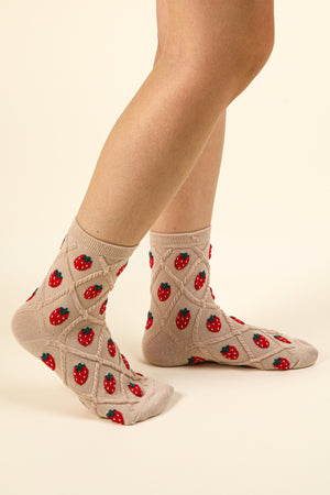 Strawberry Printed Textured Crew Socks