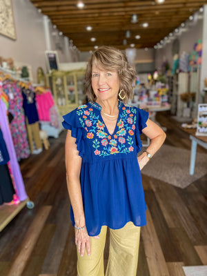 Navy Floral Embroidered Ruffle Sleeve Top