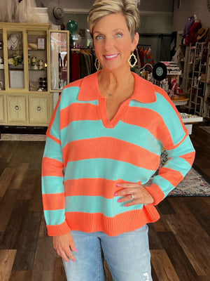 Orange and Mint Striped Sweater with Collar