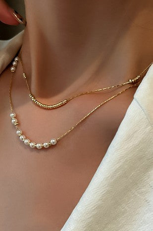 Layered Gold & Pearl Beaded Necklace