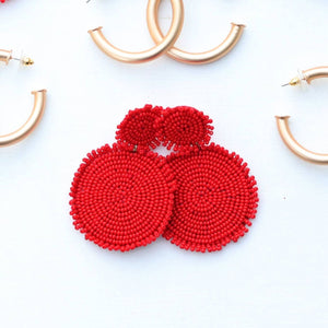 Red Beaded Drop Disc Earrings