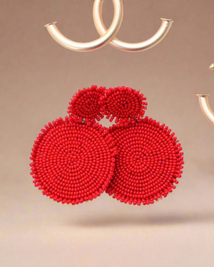 Red Beaded Drop Disc Earrings