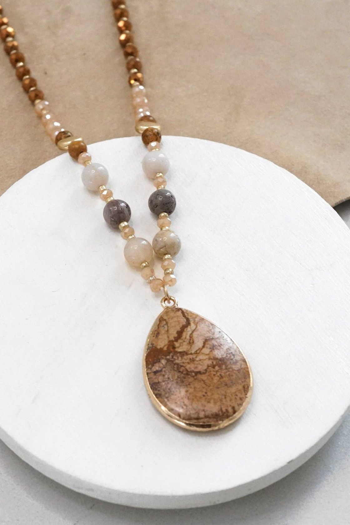 Brown Tone Necklace with Semi Precious Jasper Teardrop Pendant