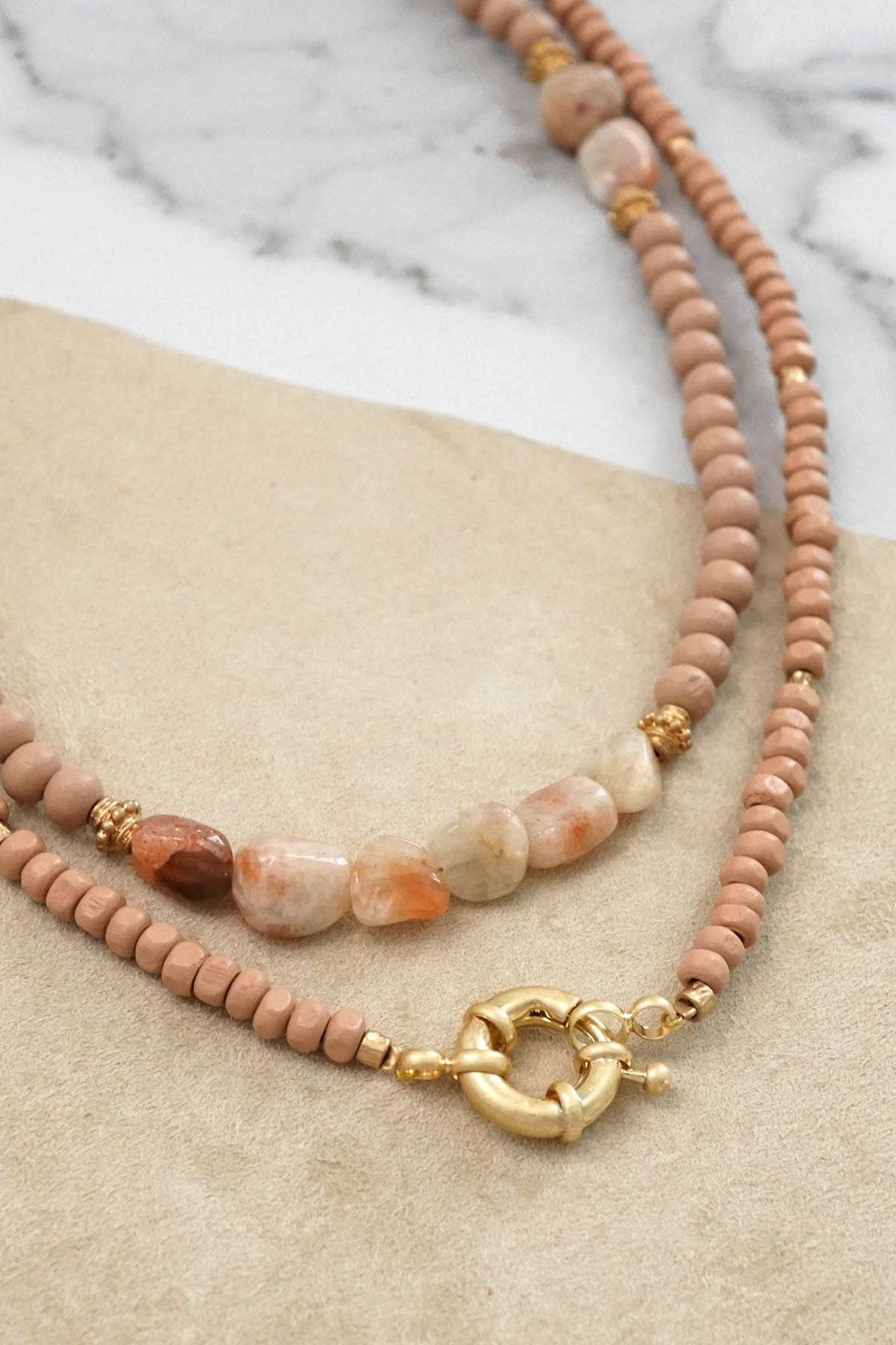 Wooden Beads Short Statement Necklace in Rose Pink and Gold