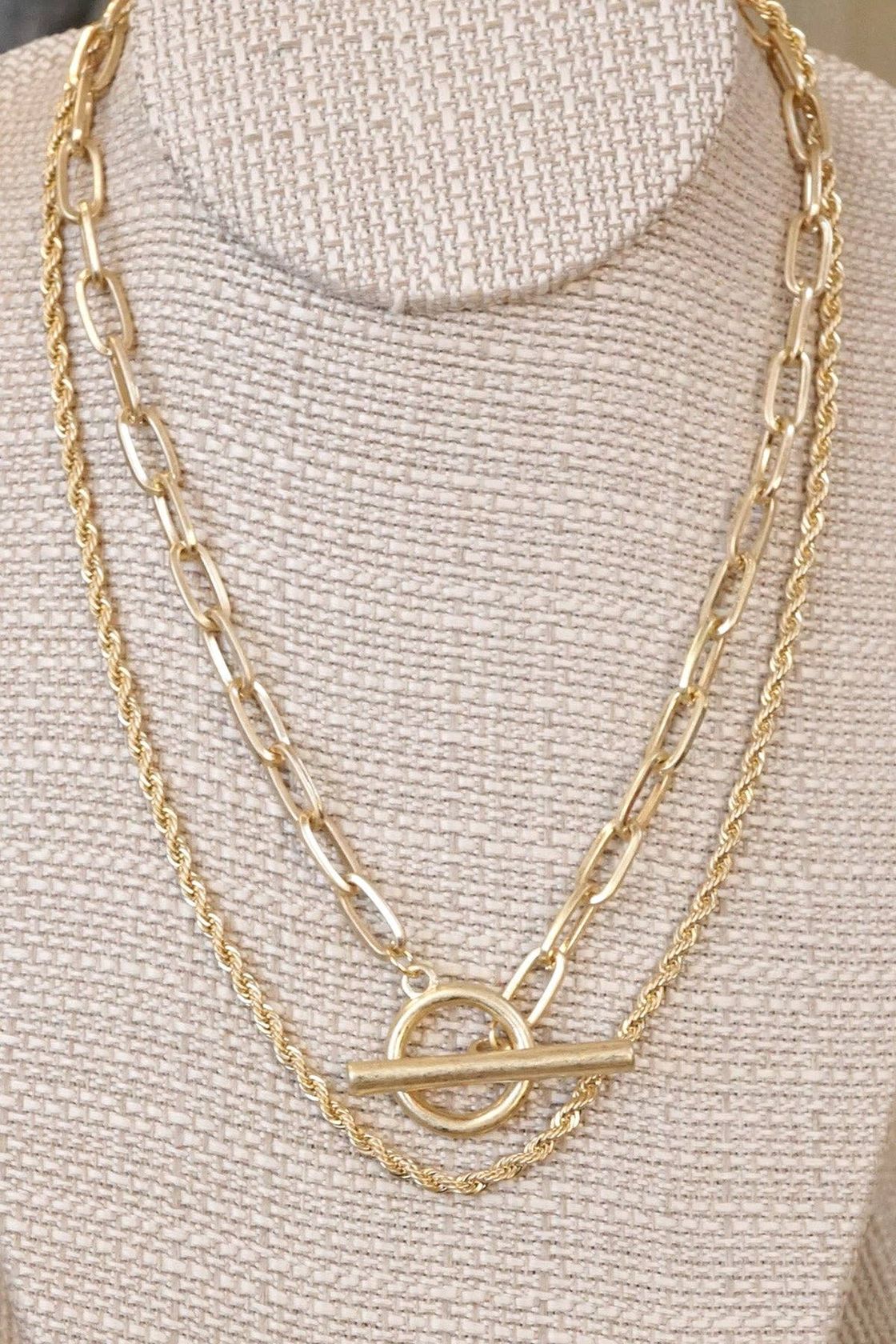 Front Toggle Closure Necklace Multi Layer Chain in Gold Tone