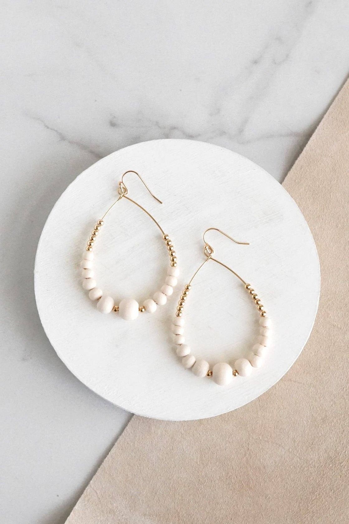 Natural Wood Gold Beaded Teardrop Hoop Earrings