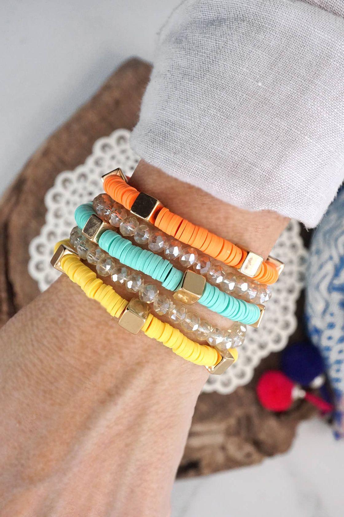 Beaded Bracelets Stack Bright Colors Clay and Glass Layering