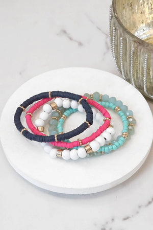 Navy Blue Hot Pink White Stack Clay Glass Wood Beads Bracelets Set