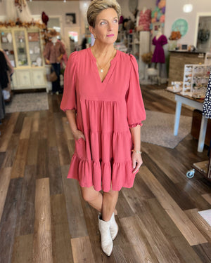 Tiered Mini Dress with 34 Sleeves in Rose Clay