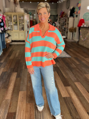 Orange and Mint Striped Sweater with Collar