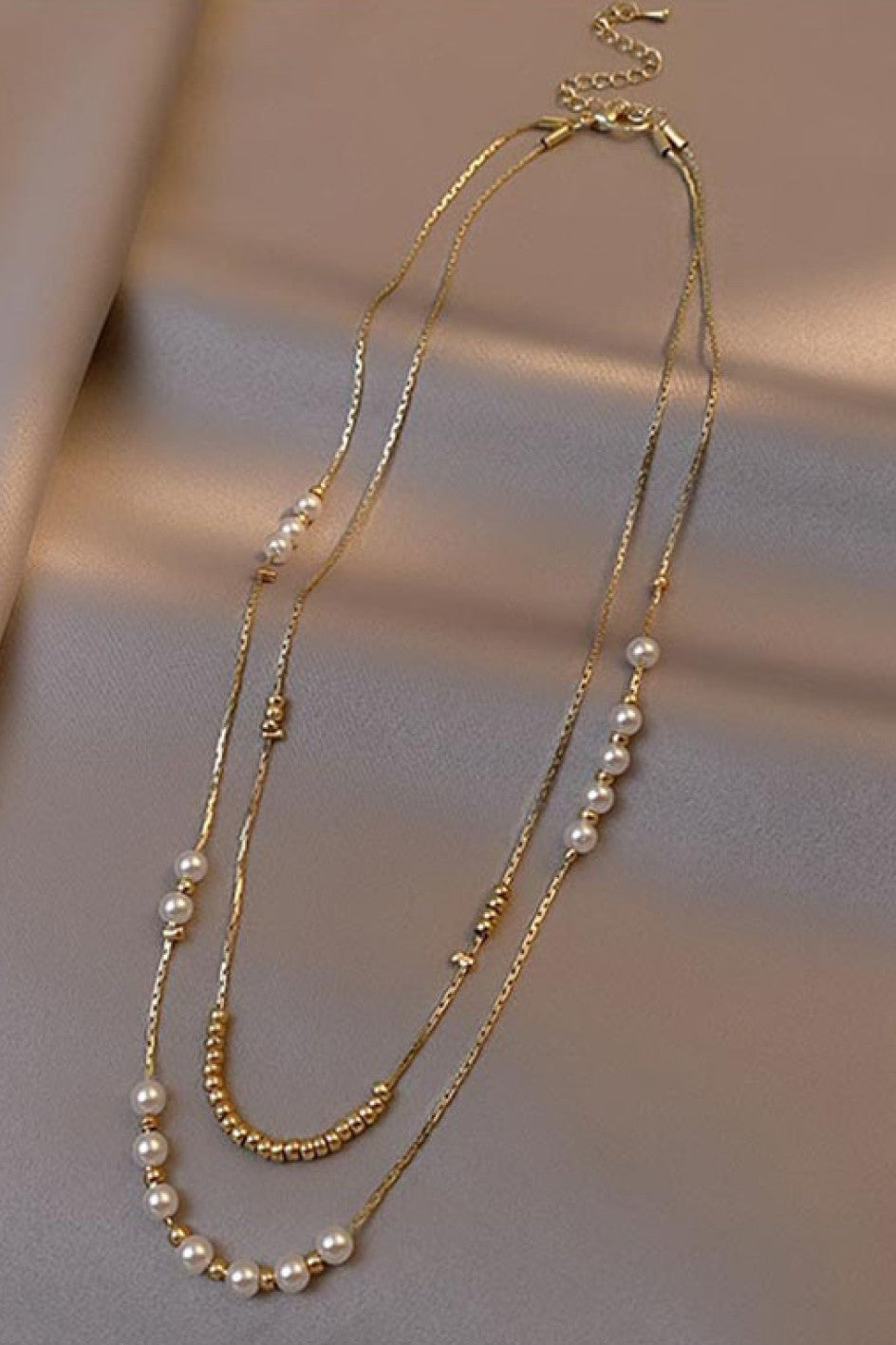 Layered Gold & Pearl Beaded Necklace