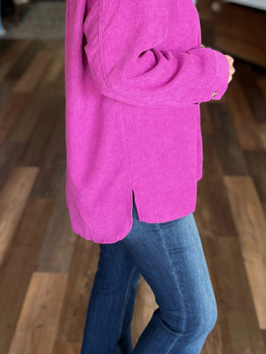 Long Sleeve Corduroy Button Up in Magenta