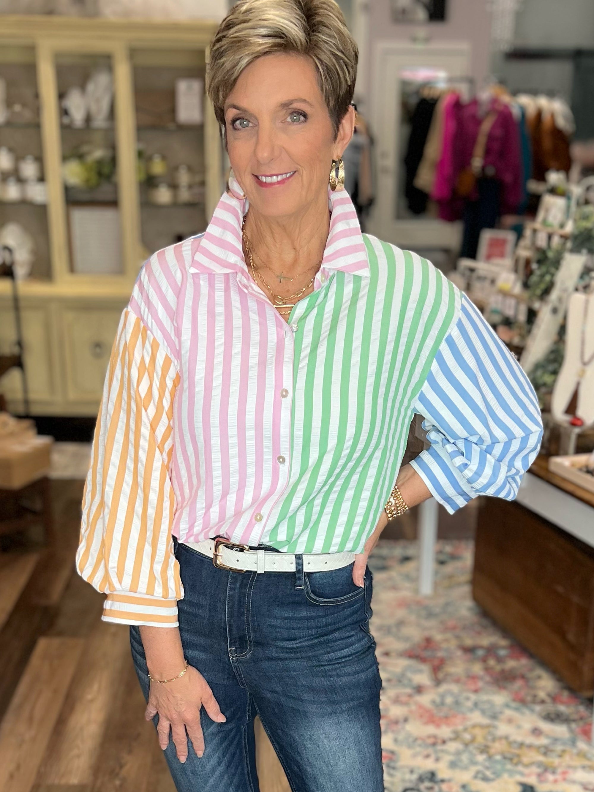 Color Block Button Up in Pastel Stripes