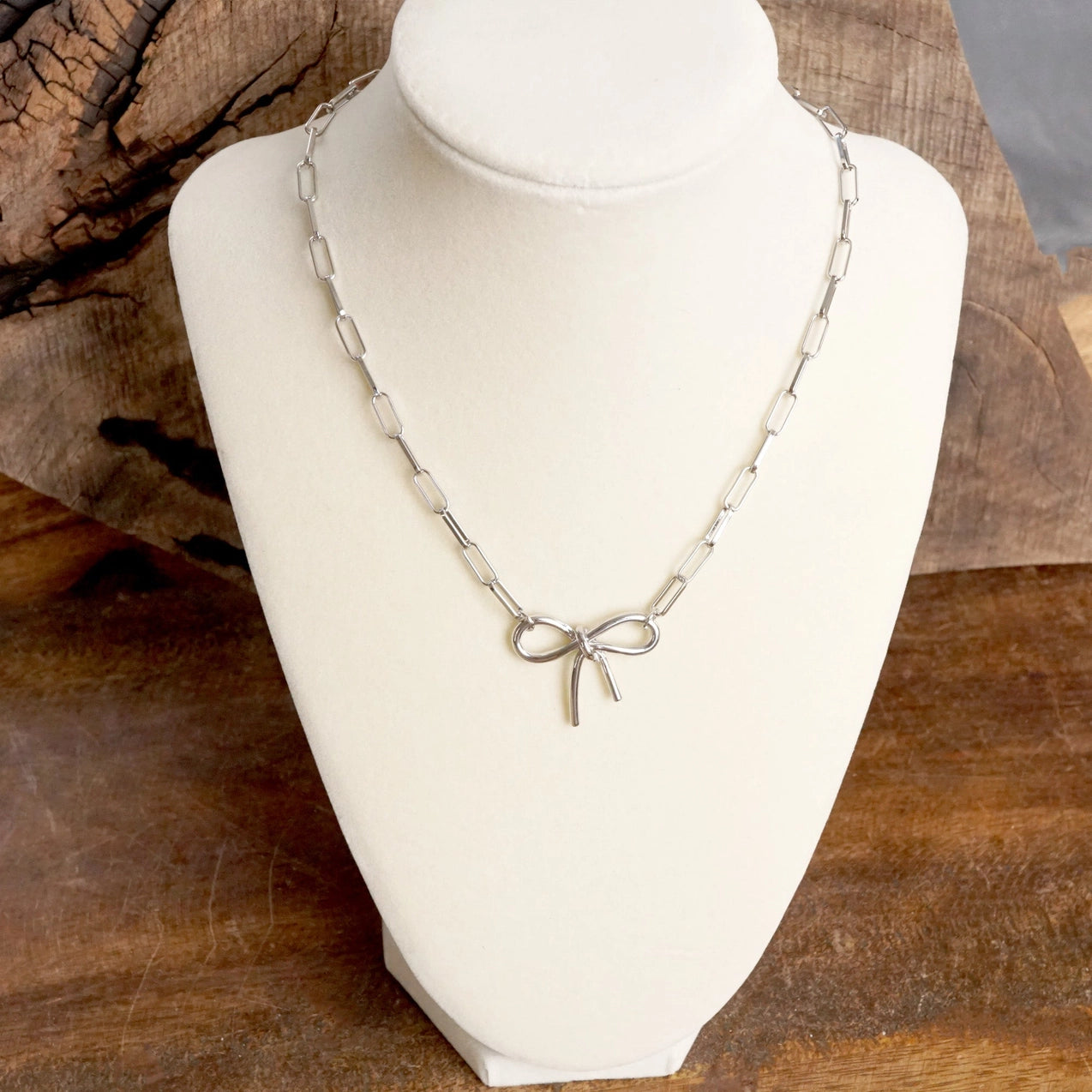 Dainty Bow Paperclip Chain Necklace in Silver or Gold