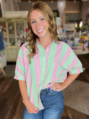 Lovin' Stripes Collared Button Down Top in Watermelon