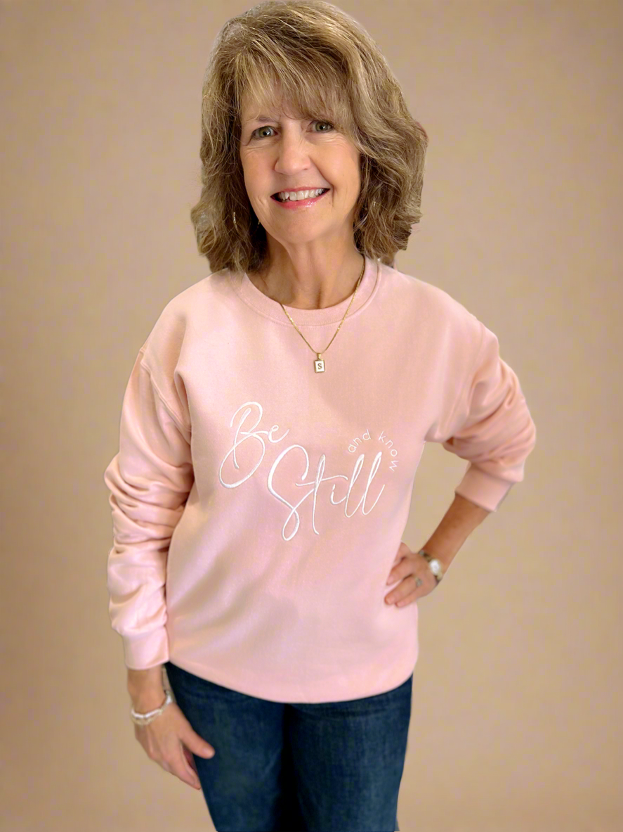 Embroidered Be Still and Know Sweatshirt in Soft Pink