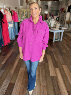 Long Sleeve Corduroy Button Up in Magenta