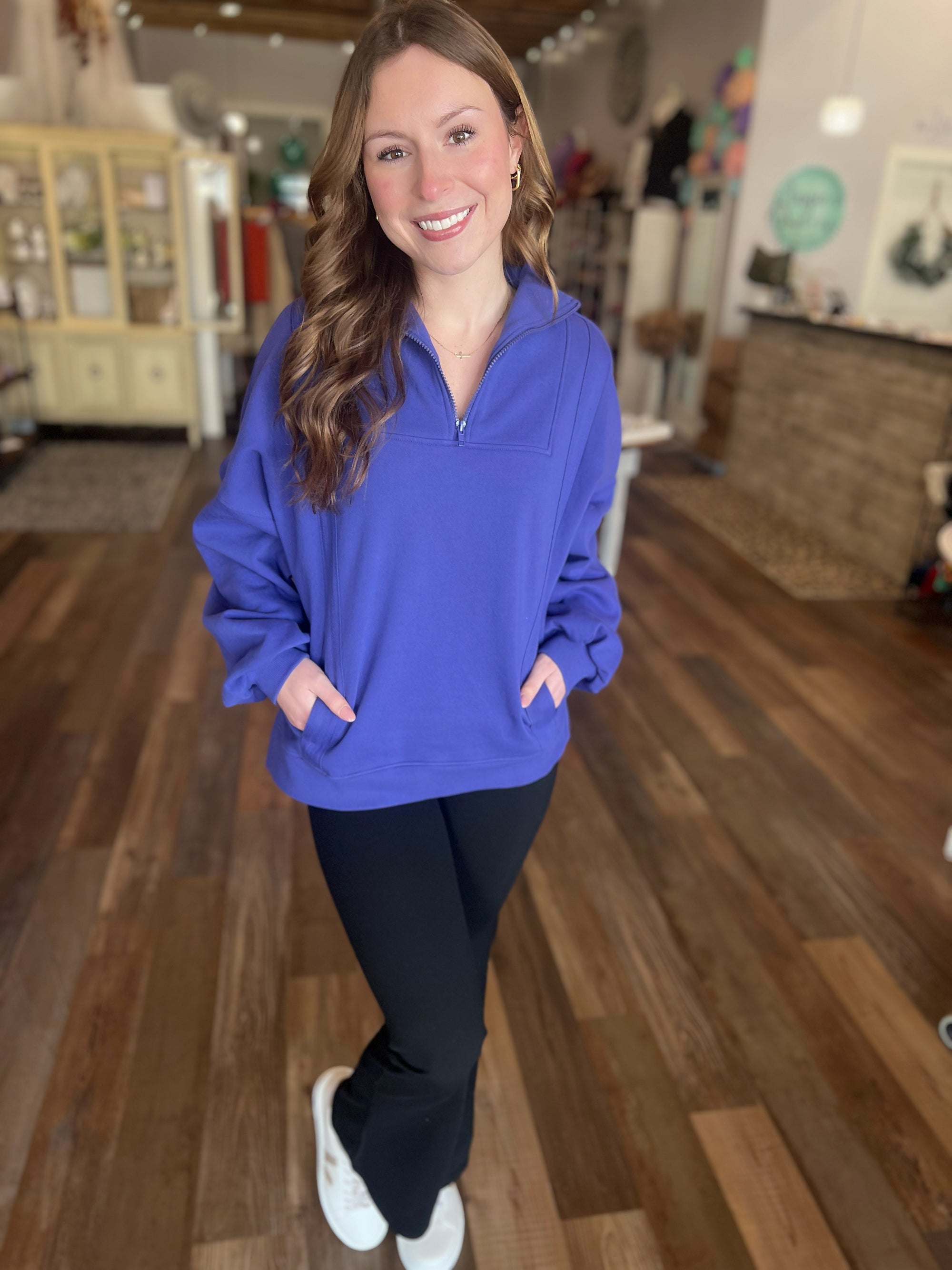 Long Sleeve Oversize Quarter Zip Pullover in Orient Purple or Black