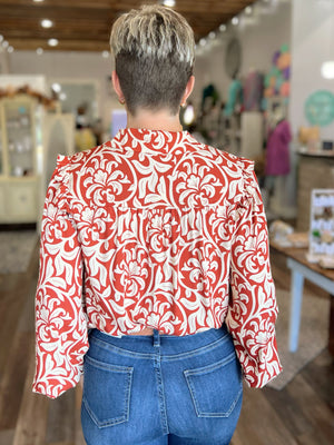 Filigree Print Long Sleeve Blouse in Rust