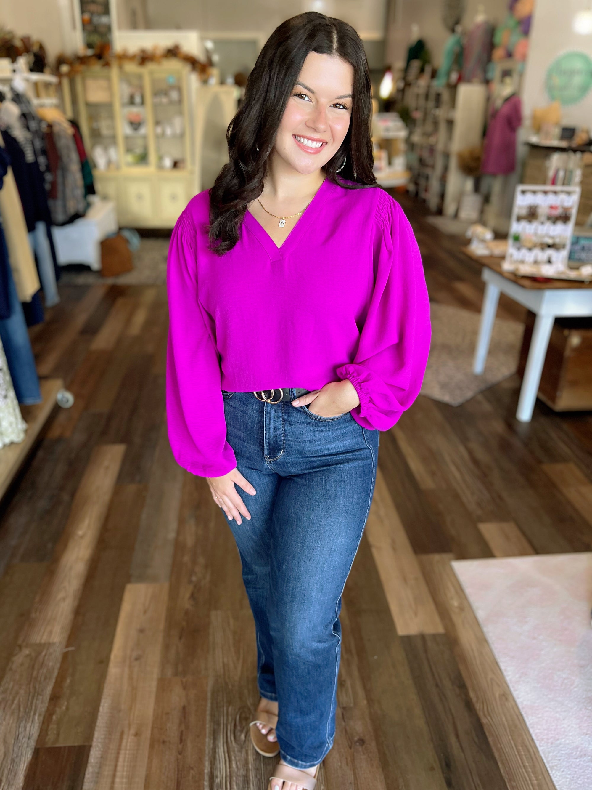 Classic Blouse with Peasant Sleeves in Magenta