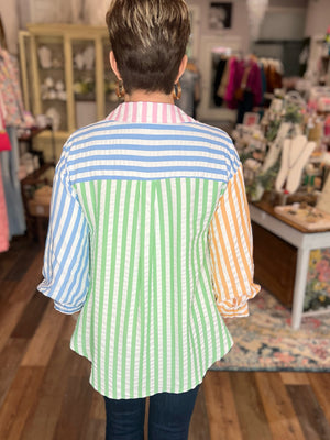 Color Block Button Up in Pastel Stripes