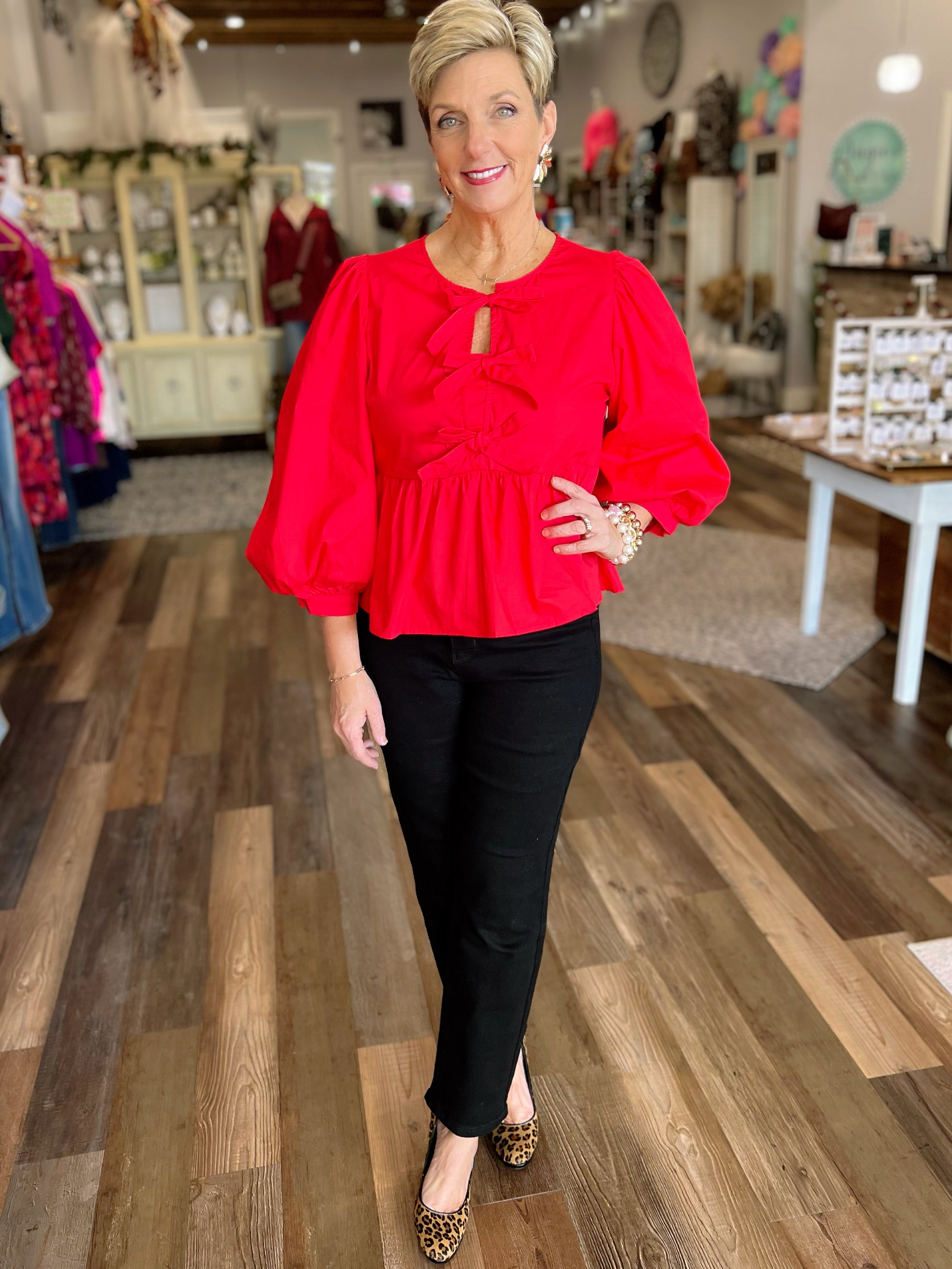 Red Peplum Top W/ Bow Detail