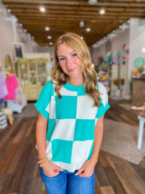 Turquoise and White Checkered Short Sleeve Sweater Top