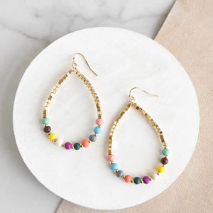 Natural Wood Gold Beaded Teardrop Hoop Earrings