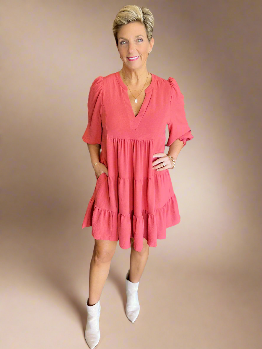 Tiered Mini Dress with 34 Sleeves in Rose Clay