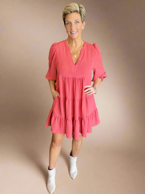 Tiered Mini Dress with 34 Sleeves in Rose Clay