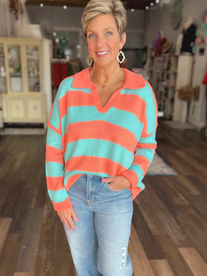 Orange and Mint Striped Sweater with Collar