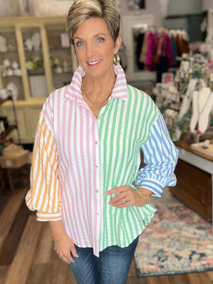 Color Block Button Up in Pastel Stripes