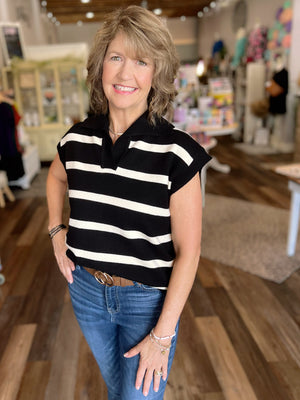 Black & Cream Striped Short Sleeve Sweater Top