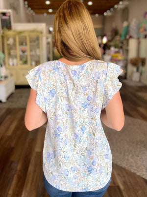 Soft Floral Print Top with Ruffle Sleeves