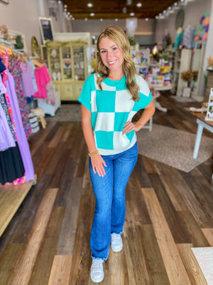 Turquoise and White Checkered Short Sleeve Sweater Top