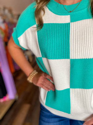 Turquoise and White Checkered Short Sleeve Sweater Top