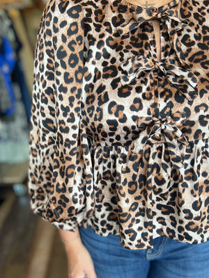 Animal Print with Bow Tie Front Blouse