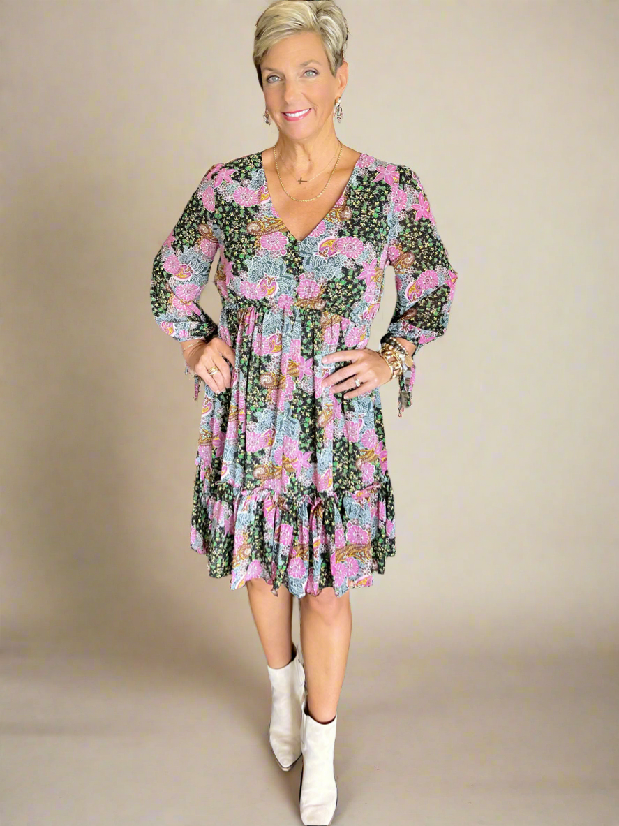 Floral Print Ruffle Dress with Tie Detail on Sleeve