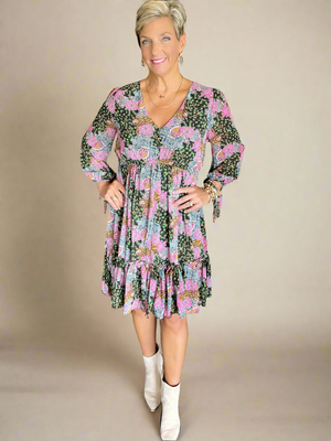 Floral Print Ruffle Dress with Tie Detail on Sleeve