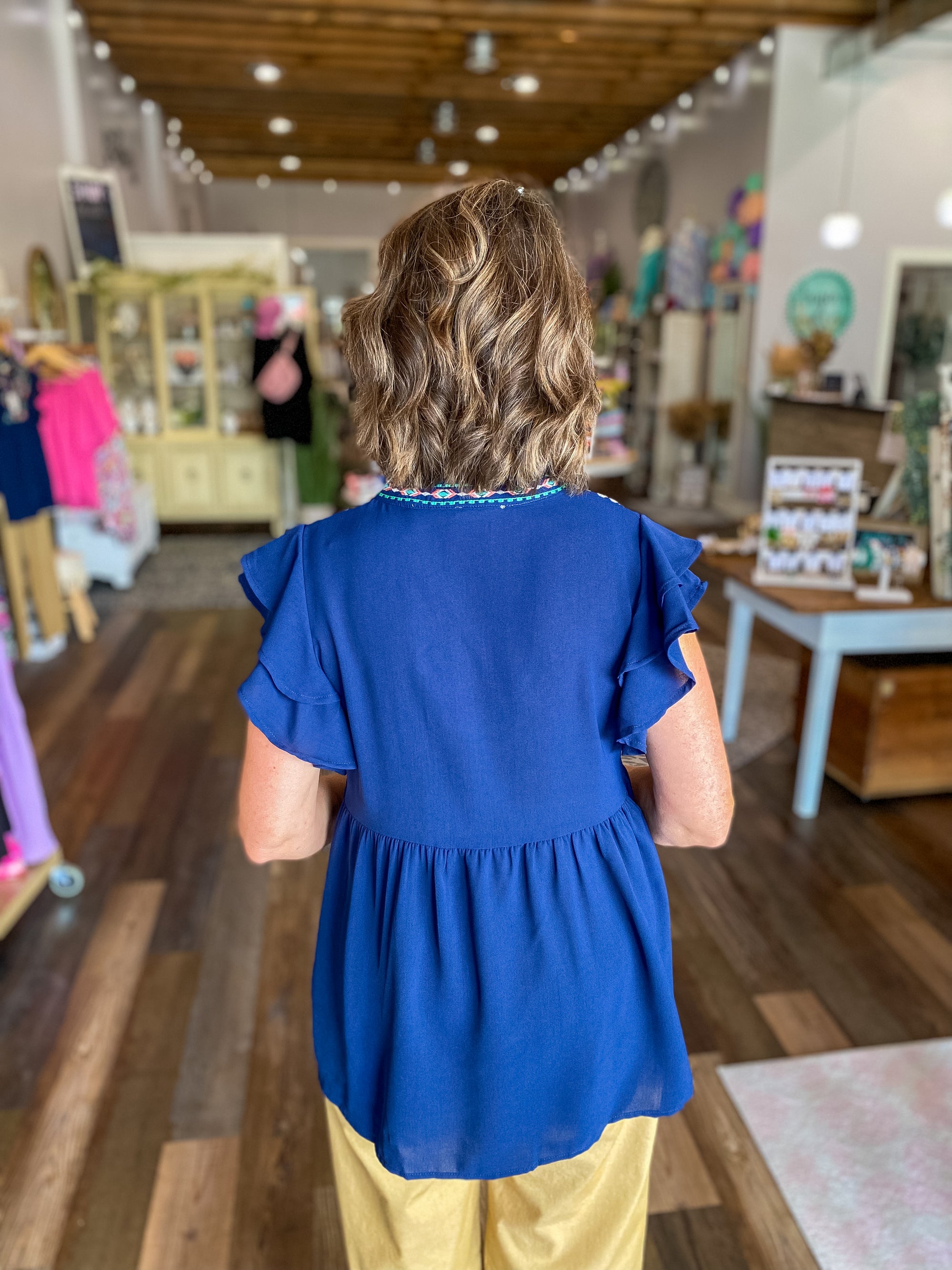 Navy Floral Embroidered Ruffle Sleeve Top