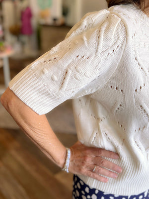 Crochet Short Sleeve Sweater in Off White