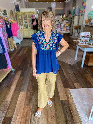 Navy Floral Embroidered Ruffle Sleeve Top