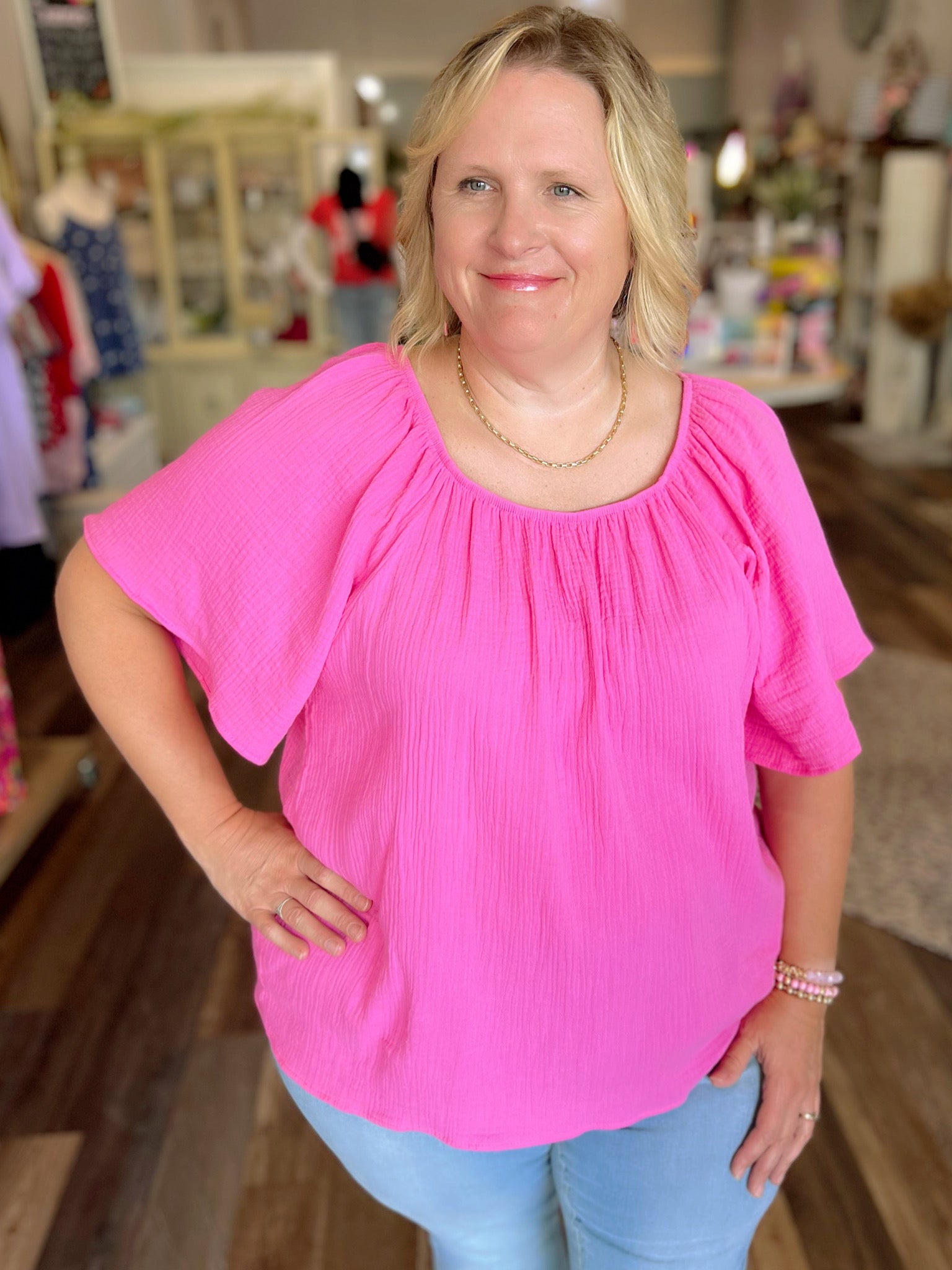 Pink Scoop Neck Blouse in Curvy