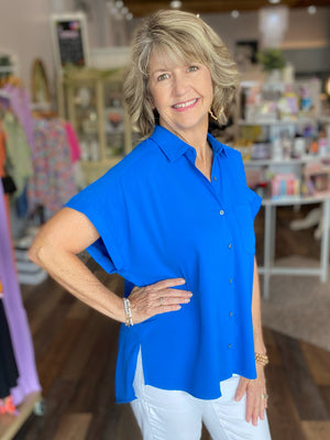 Class Act Short Sleeve Button Up Top in Cobalt Blue