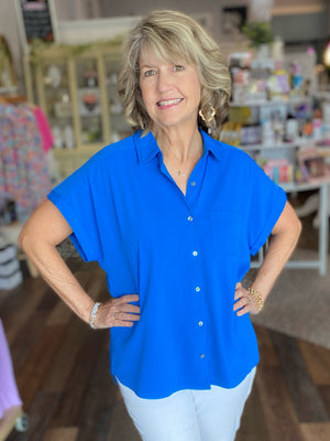 Class Act Short Sleeve Button Up Top in Cobalt Blue