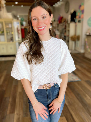 Textured Puff Sleeve Top in Off White