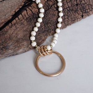 Long Wooden Bead Necklace with gold circle ring - Cream
