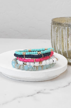 Navy Blue Hot Pink White Stack Clay Glass Wood Beads Bracelets Set