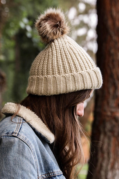 Metallic Rib Knit Beanie with PomPom