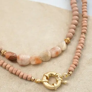 Wooden Beads Short Statement Necklace in Rose Pink and Gold